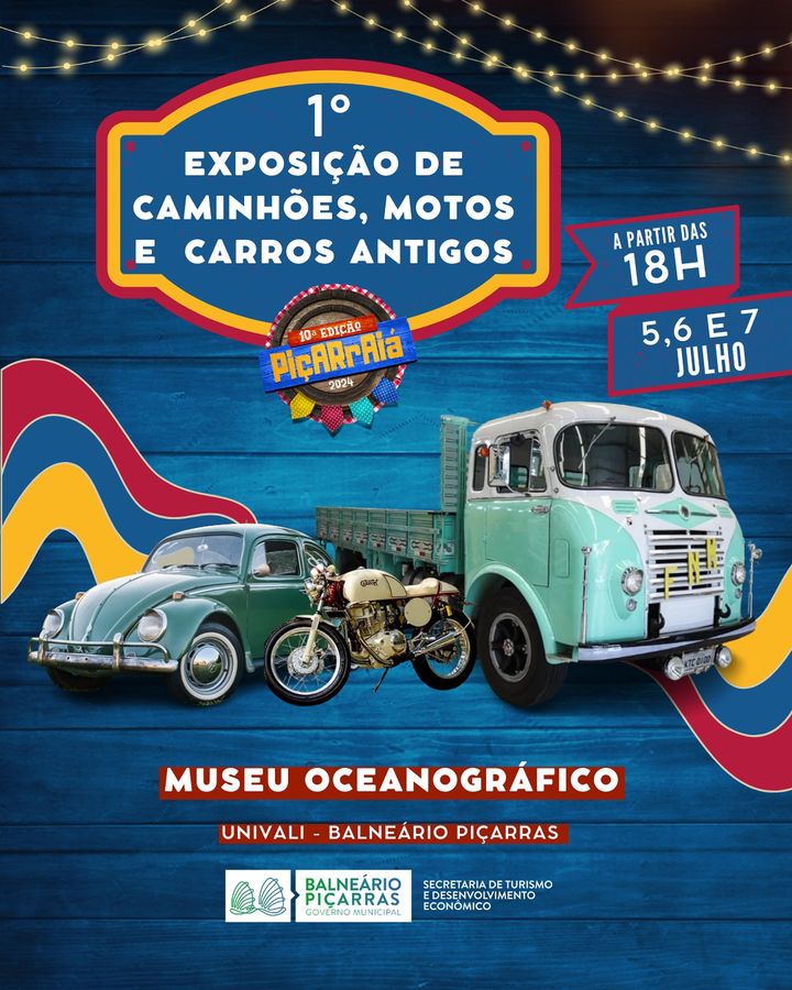 Exposição de caminhões, motos e carros antigos no Piçarraiá